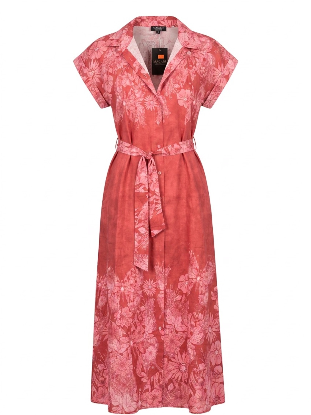MAGAR Floral Print Coral Shirt Cotton Dress with Tie Belt